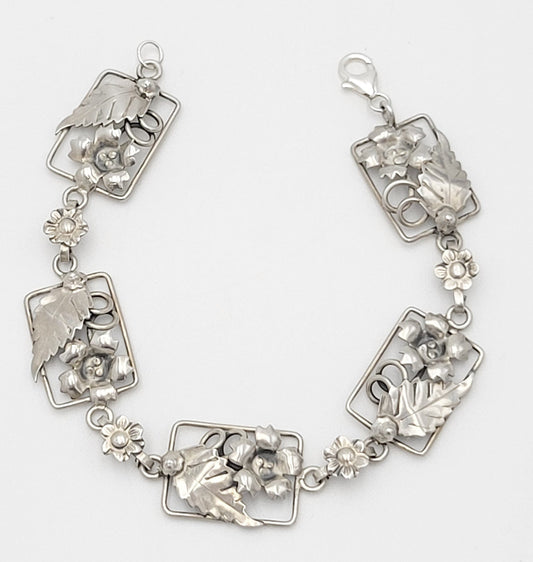 Vintage Sterling Bracelet Jewelry Vintage Art Deco Floral Panel Link Sterling Bracelet