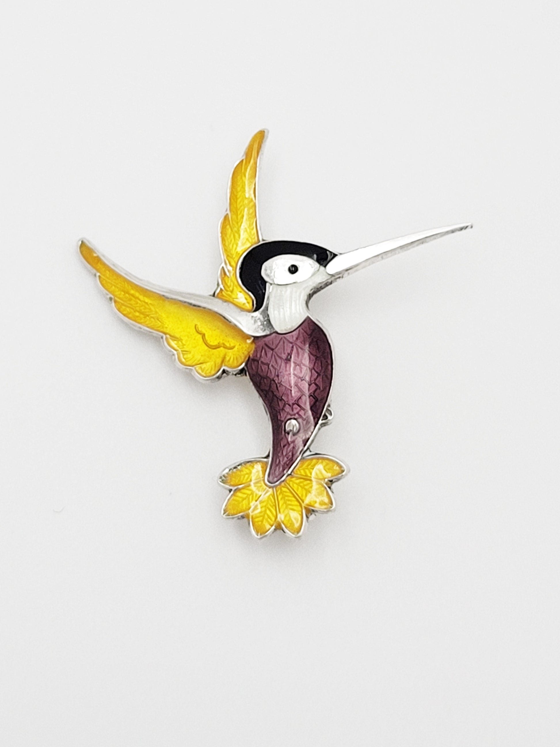 Volmer Bahner Jewelry Dane Volmer Bahner Sterling Enamel Purple Yellow Hummingbird Brooch 1950s