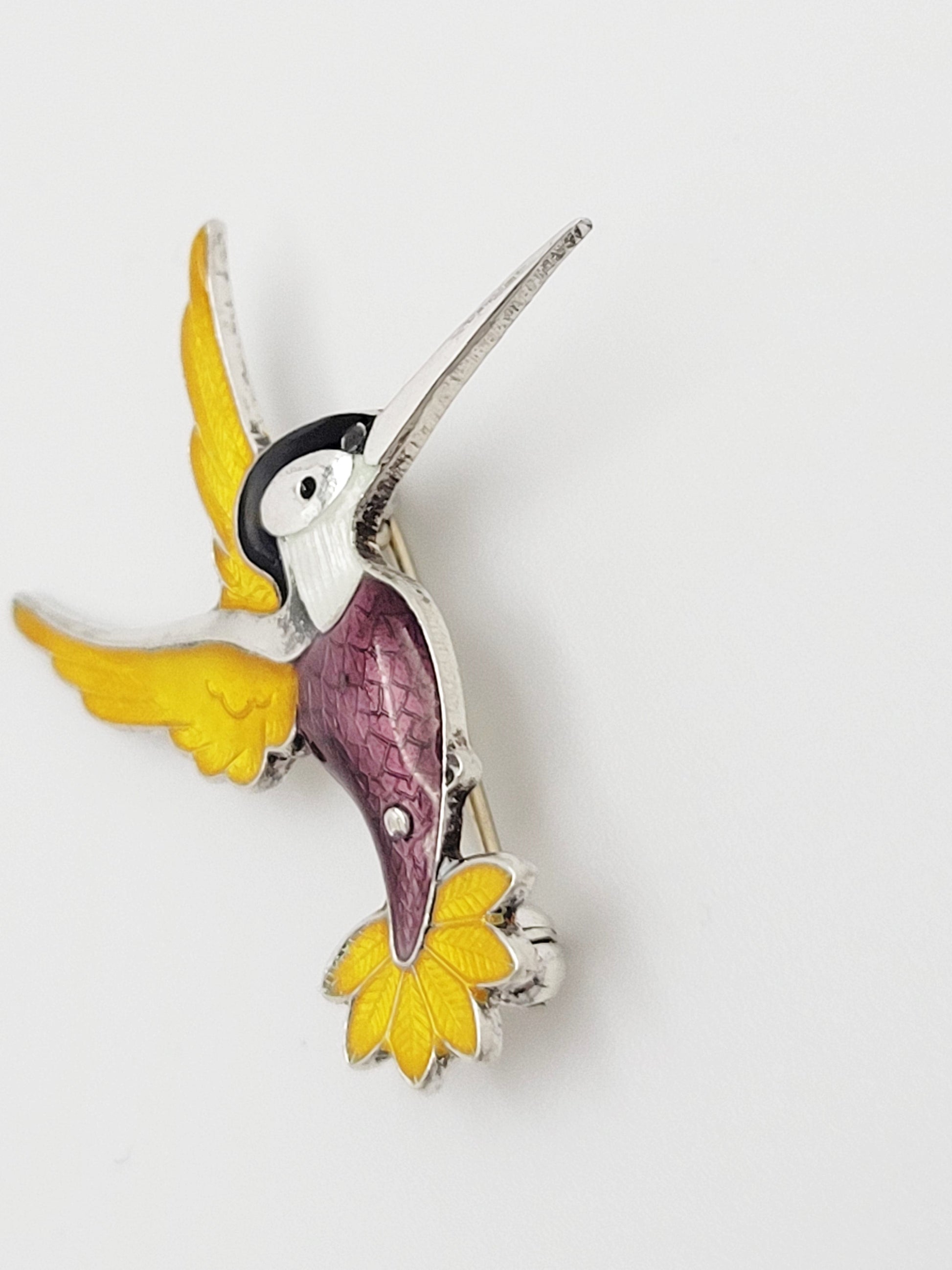 Volmer Bahner Jewelry Dane Volmer Bahner Sterling Enamel Purple Yellow Hummingbird Brooch 1950s