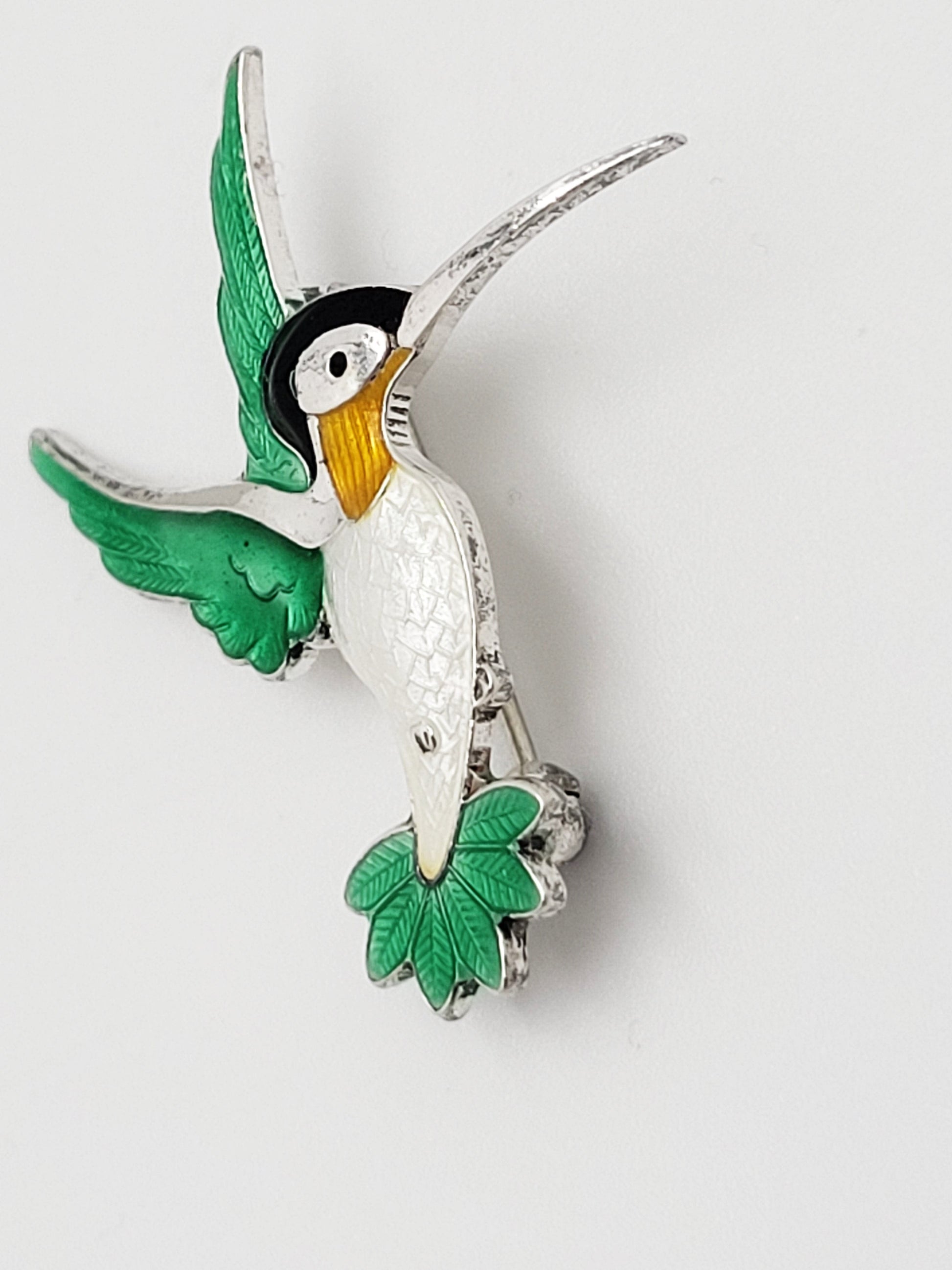 Volmer Bahner Jewelry Denmark Volmer Bahner Sterling Enamel Green White Hummingbird Brooch 1950s