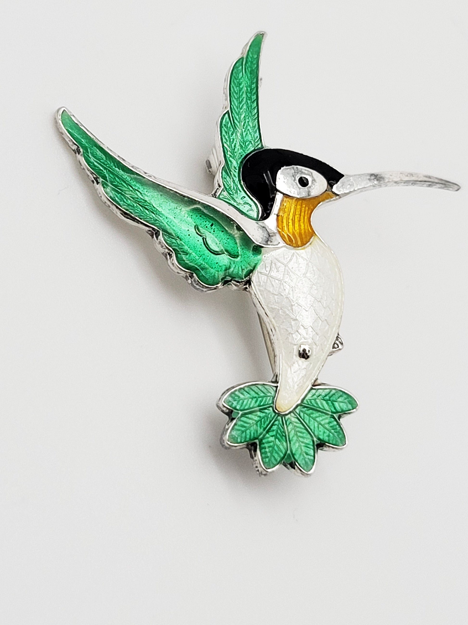 Volmer Bahner Jewelry Denmark Volmer Bahner Sterling Enamel Green White Hummingbird Brooch 1950s