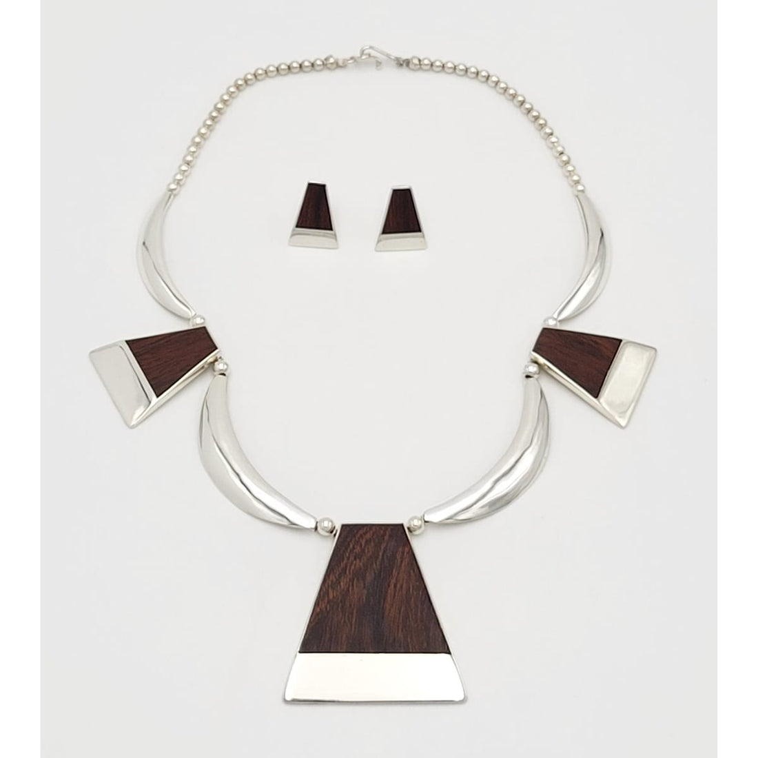 White Hogan Jewelry Superb RARE White Hogan Sterling Wood Modernist Necklace Earrings Set 70s