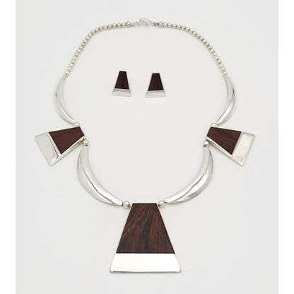 White Hogan Jewelry Superb RARE White Hogan Sterling Wood Modernist Necklace Earrings Set 70s