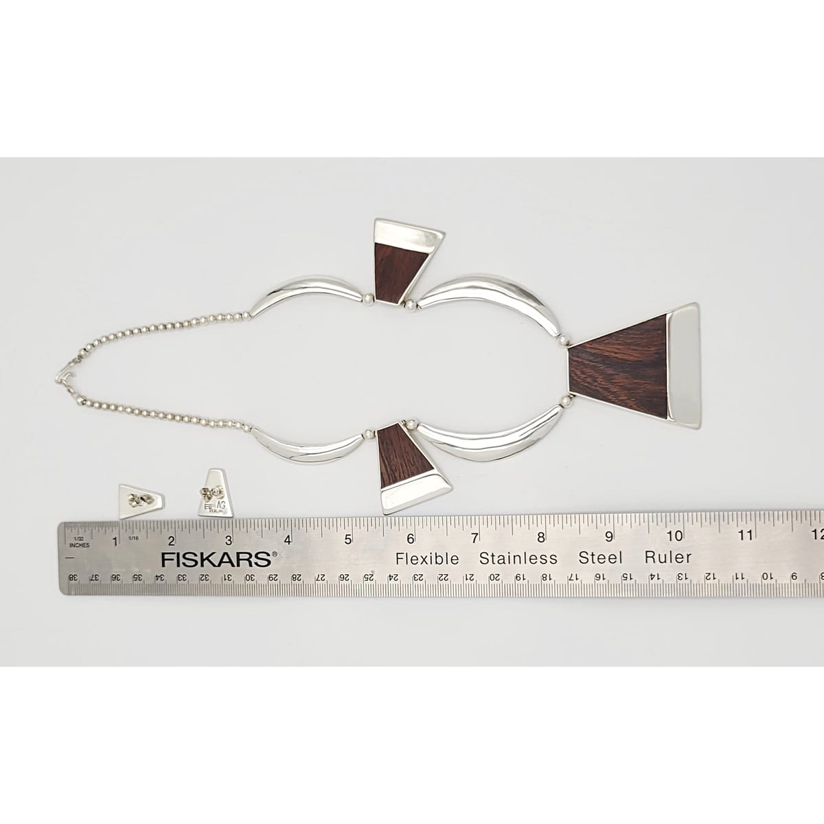 White Hogan Jewelry Superb RARE White Hogan Sterling Wood Modernist Necklace Earrings Set 70s