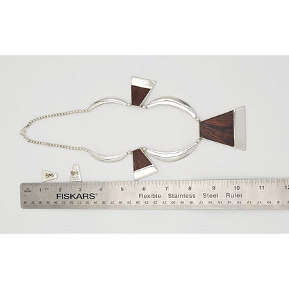 White Hogan Jewelry Superb RARE White Hogan Sterling Wood Modernist Necklace Earrings Set 70s