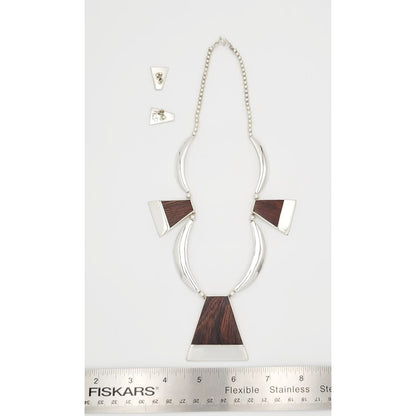 White Hogan Jewelry Superb RARE White Hogan Sterling Wood Modernist Necklace Earrings Set 70s