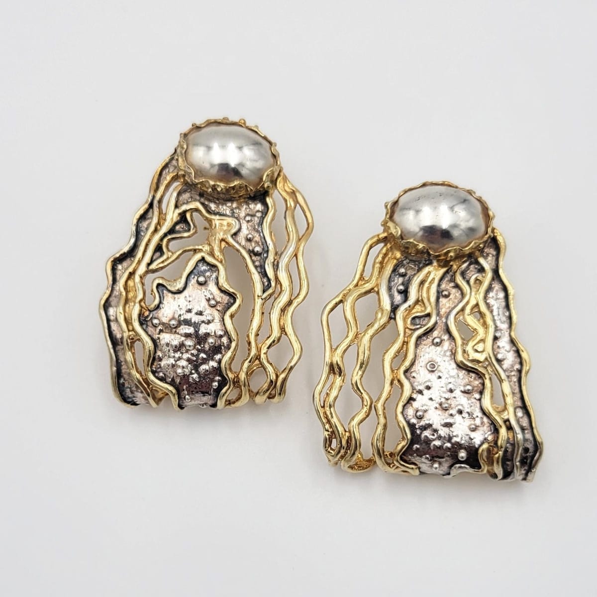 William &amp; Shellie Jewelry FAB! Designer William &amp; Shellie NYC Modernist 2-Tone Sterling Earrings Circa 1980s