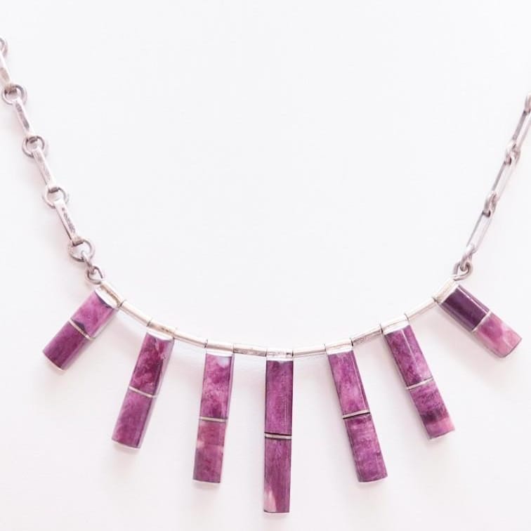 Zuni Jewelry Vintage Zuni 950 Sterling Silver &amp; Purple Agate Modernist Fringe Necklace Signed